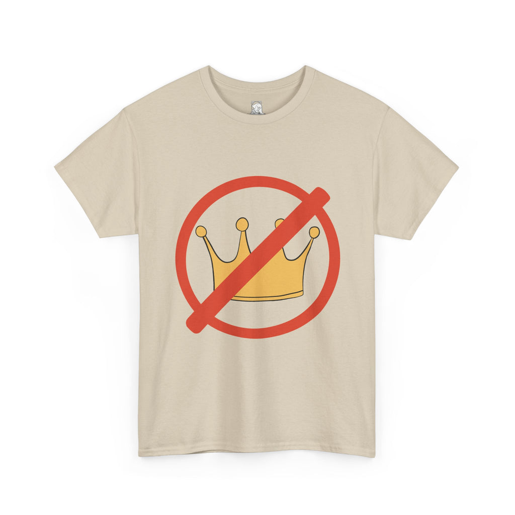 A light beige crewneck t-shirt featuring a graphic of a gold crown inside a red prohibition symbol, displayed on a clean white background.