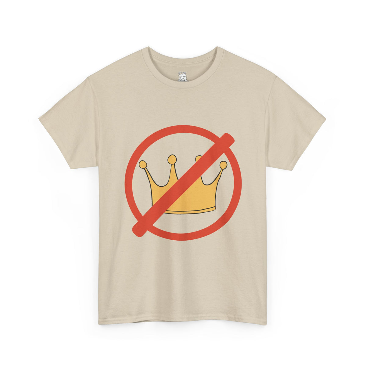 A light beige crewneck t-shirt featuring a graphic of a gold crown inside a red prohibition symbol, displayed on a clean white background.