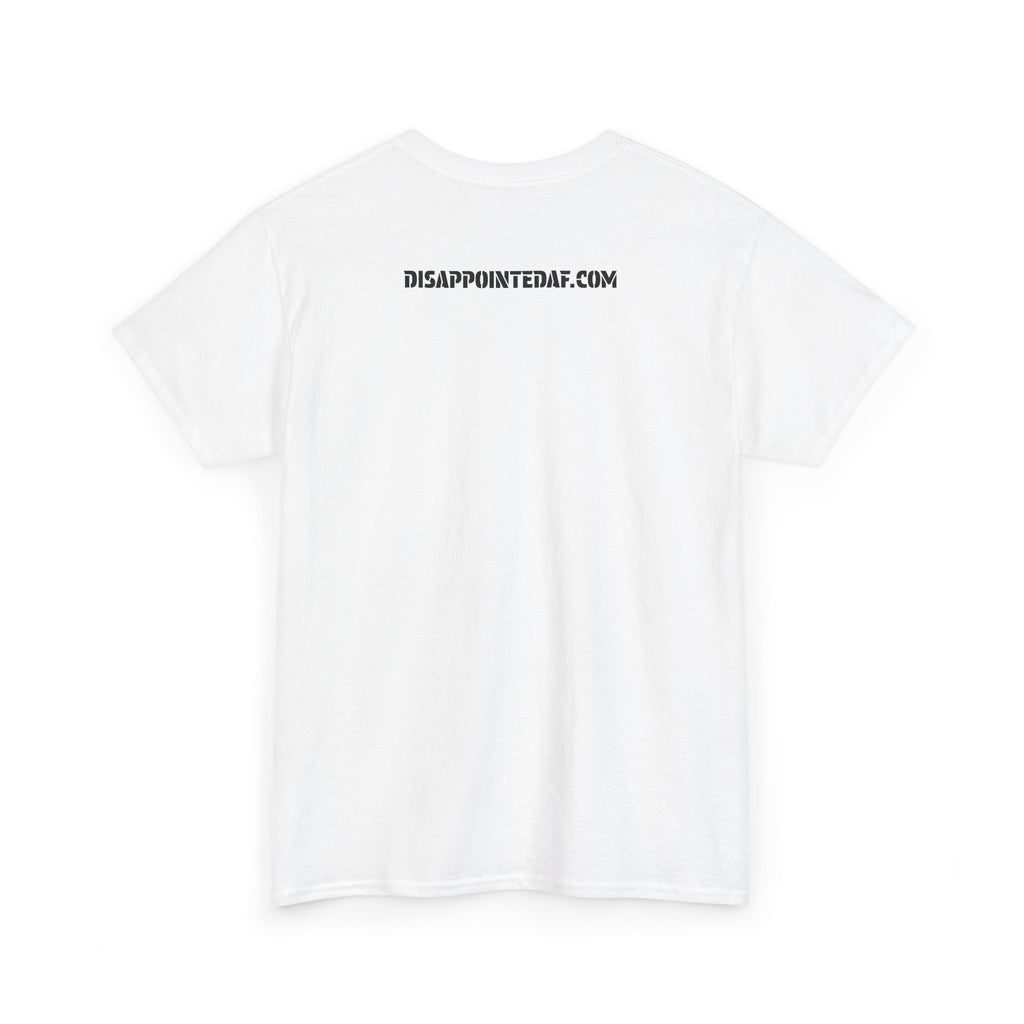 A white short-sleeve crewneck t-shirt shown from the back, featuring the text 'DISAPPOINTEDAF.COM' printed in black across the upper back.