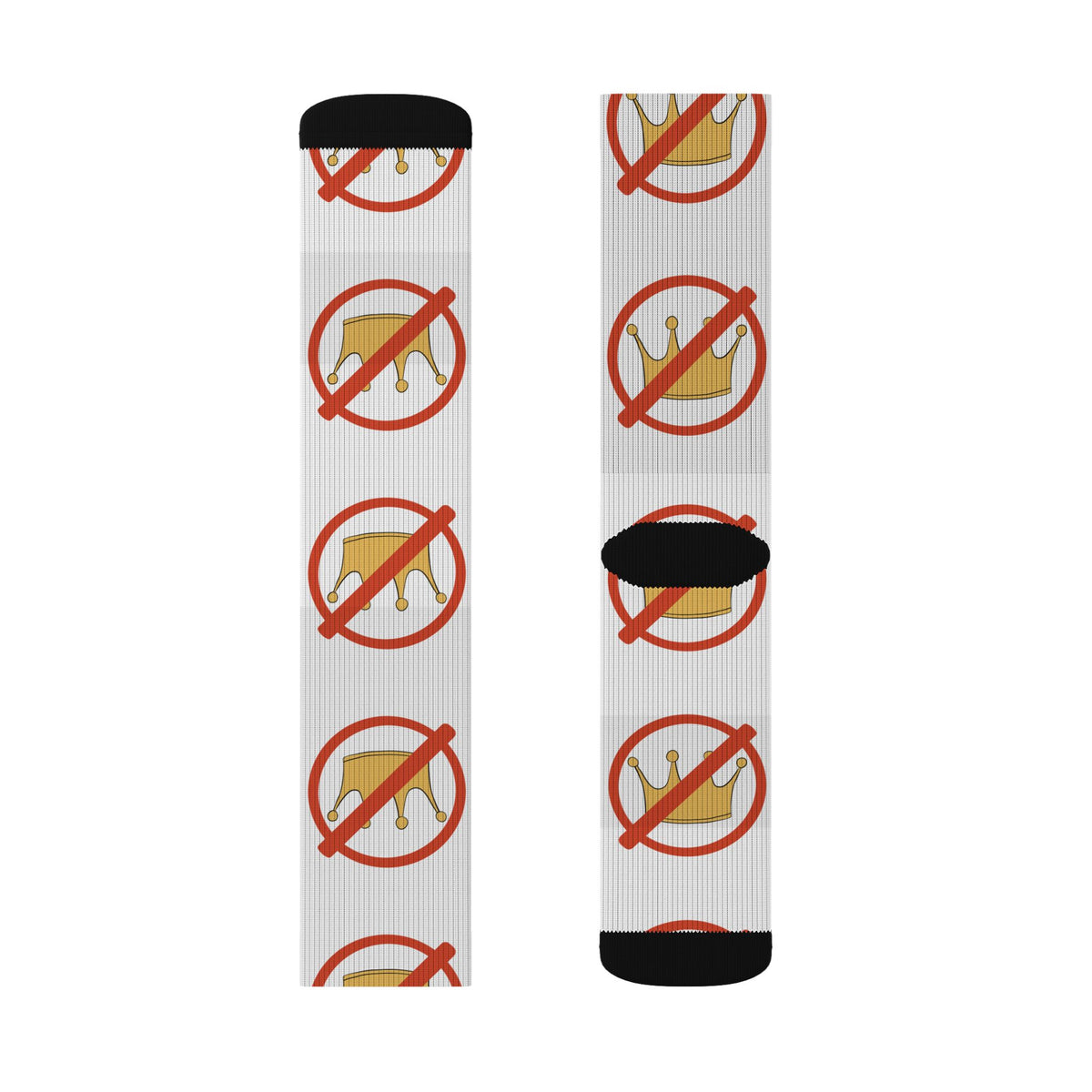 A pair of crew socks worn on legs, featuring a white ribbed base with a repeating graphic of a gold crown inside a red prohibition symbol, finished with black heels and toes.
