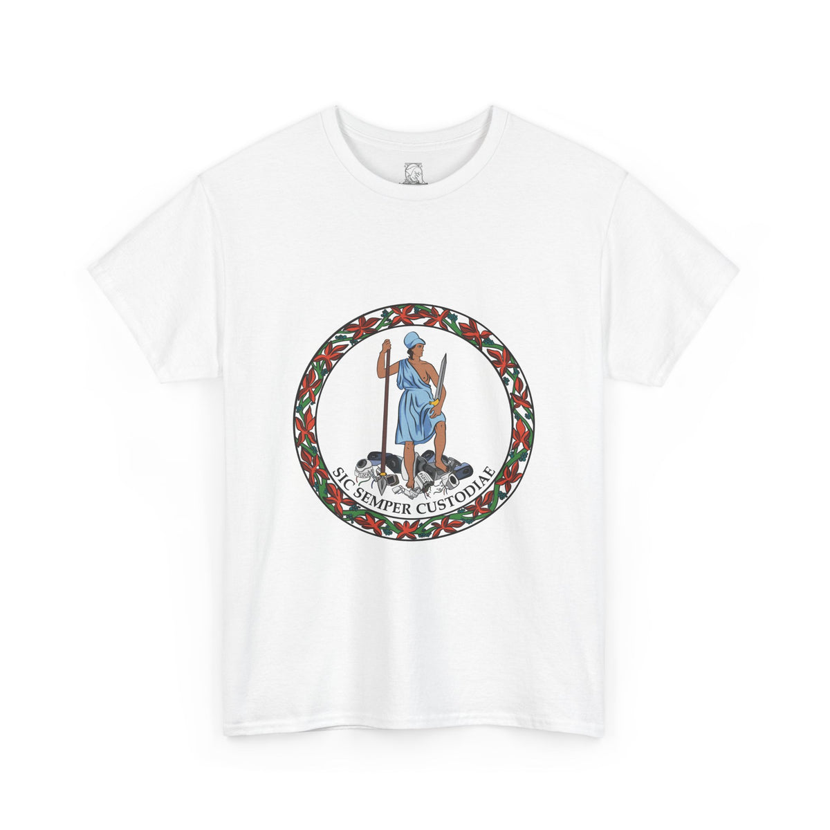 A white short-sleeve t-shirt with a parody of the Virginia state flag. In the graphic of the flag, there is a revolutionary figure in a toga standing on top of a pile of Flock cameras. The circular image has a flower border and a white background