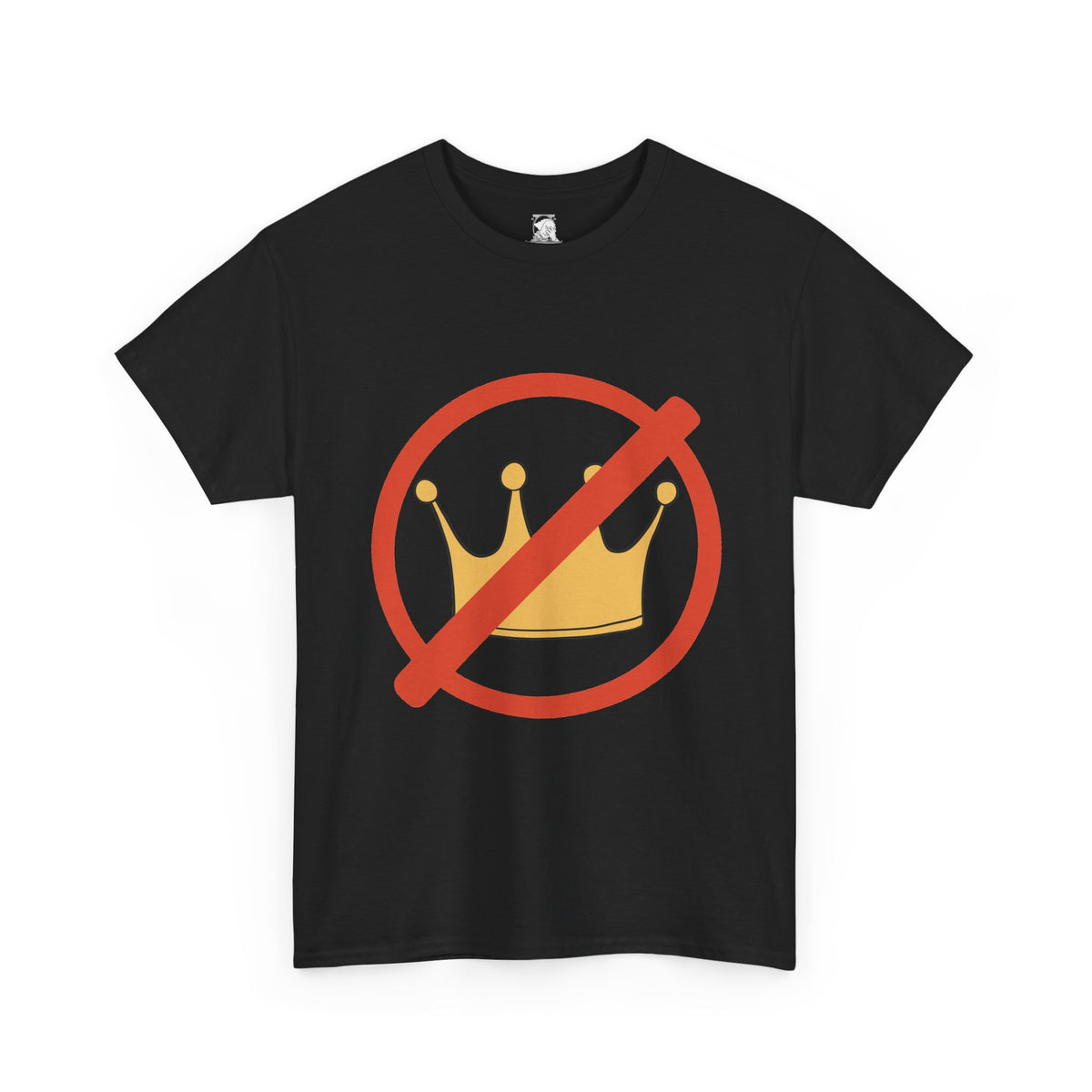 A black short-sleeve crewneck t-shirt featuring a graphic of a gold crown inside a red prohibition circle with a diagonal slash, displayed on a clean white background.