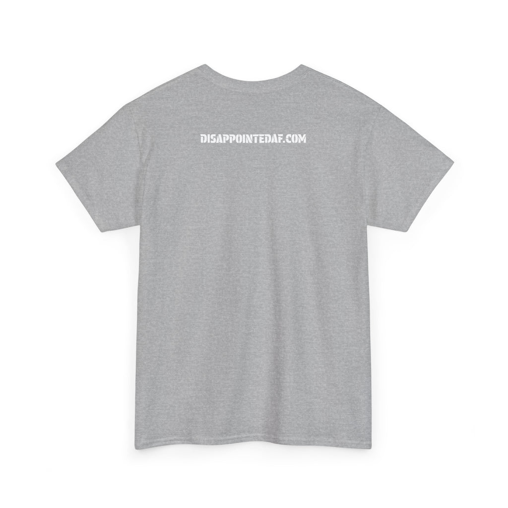 A grey t-shirt with DisappointedAF.com printed on the back against a white background