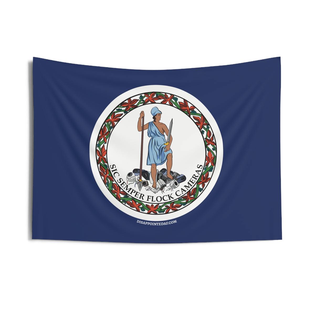 A rectangular navy blue flag with a large circular seal in the center. The seal references the Virginia state seal, and includes a central figure holding a spear and a sword. The figure is tan with a blue robe, and stands on top of destroyed surveillance cameras. The seal has a white background and a botanical border. Black text beneath the figure reads "SIC SEMPER FLOCK CAMERAS".