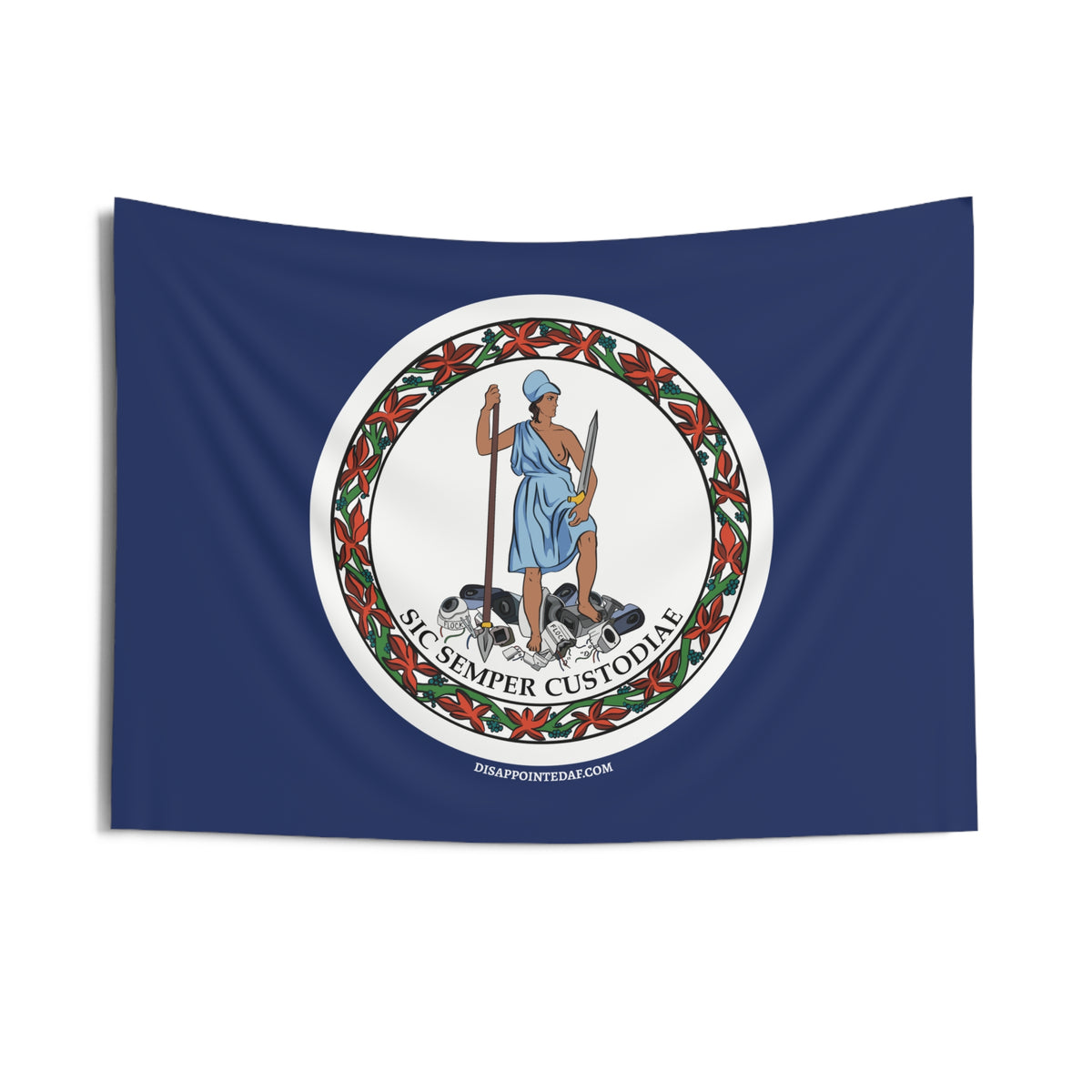 A rectangular navy blue flag with a parody of the Virginia state flag. On the graphic of the flag, there is a revolutionary figure in a toga standing on top of a pile of Flock cameras. The circular image has a flower border and a white background. Below the flock camera is a line of text reading Sic Semper Custodiae, which means "Thus Always to Surveillance" in Latin.