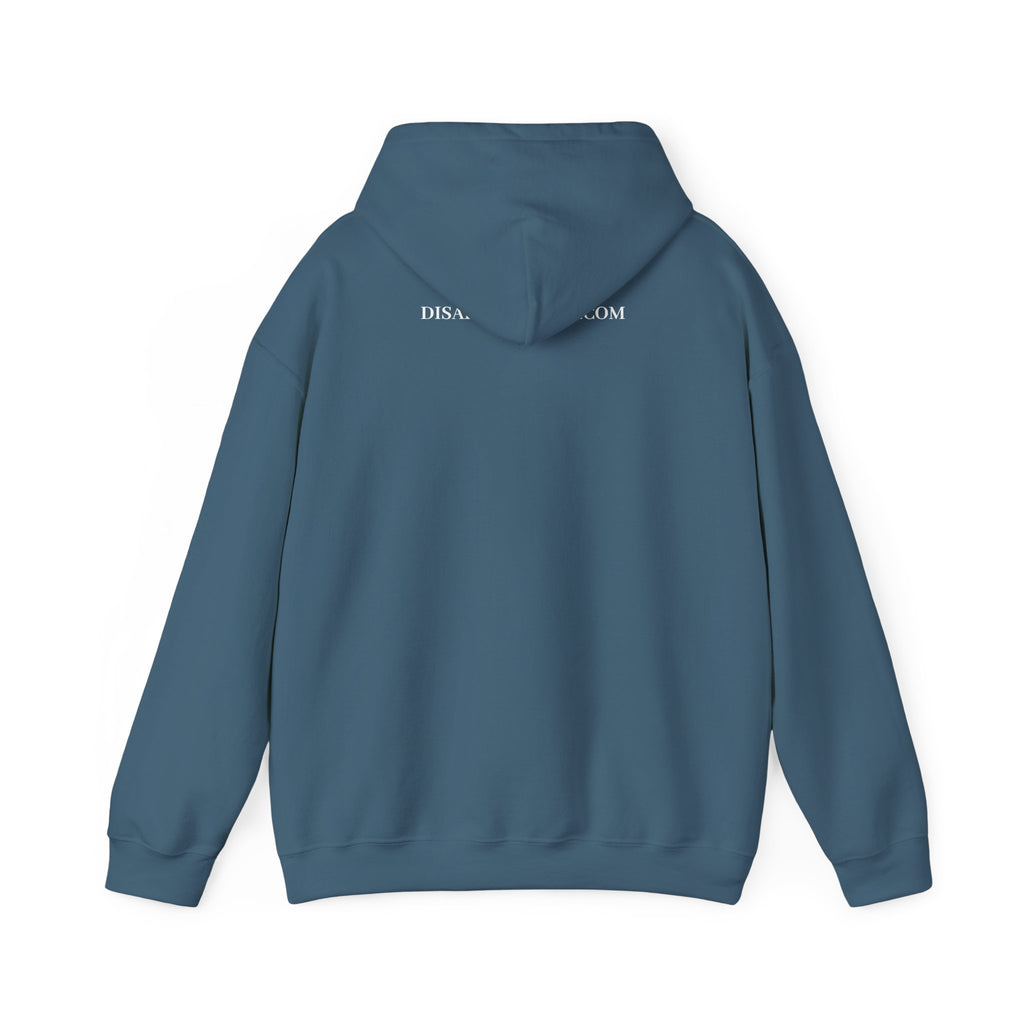 Indigo hoodie shown from the back on a white background. Top of hoodie contains text that says DisappointedAF.com