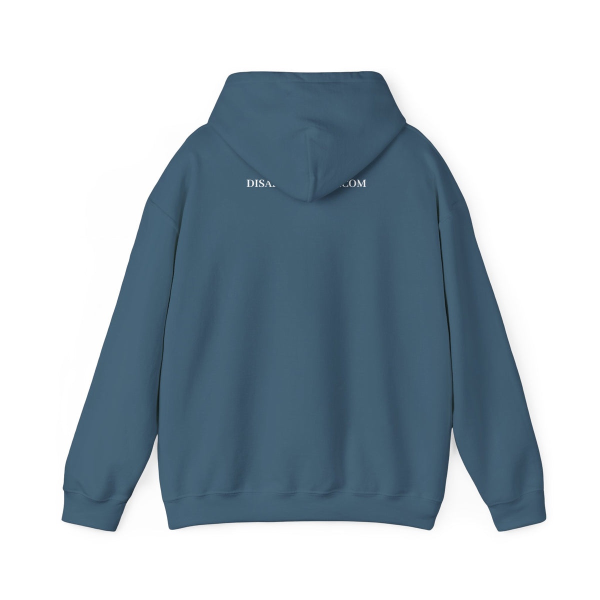 Indigo hoodie shown from the back on a white background. Top of hoodie contains text that says DisappointedAF.com