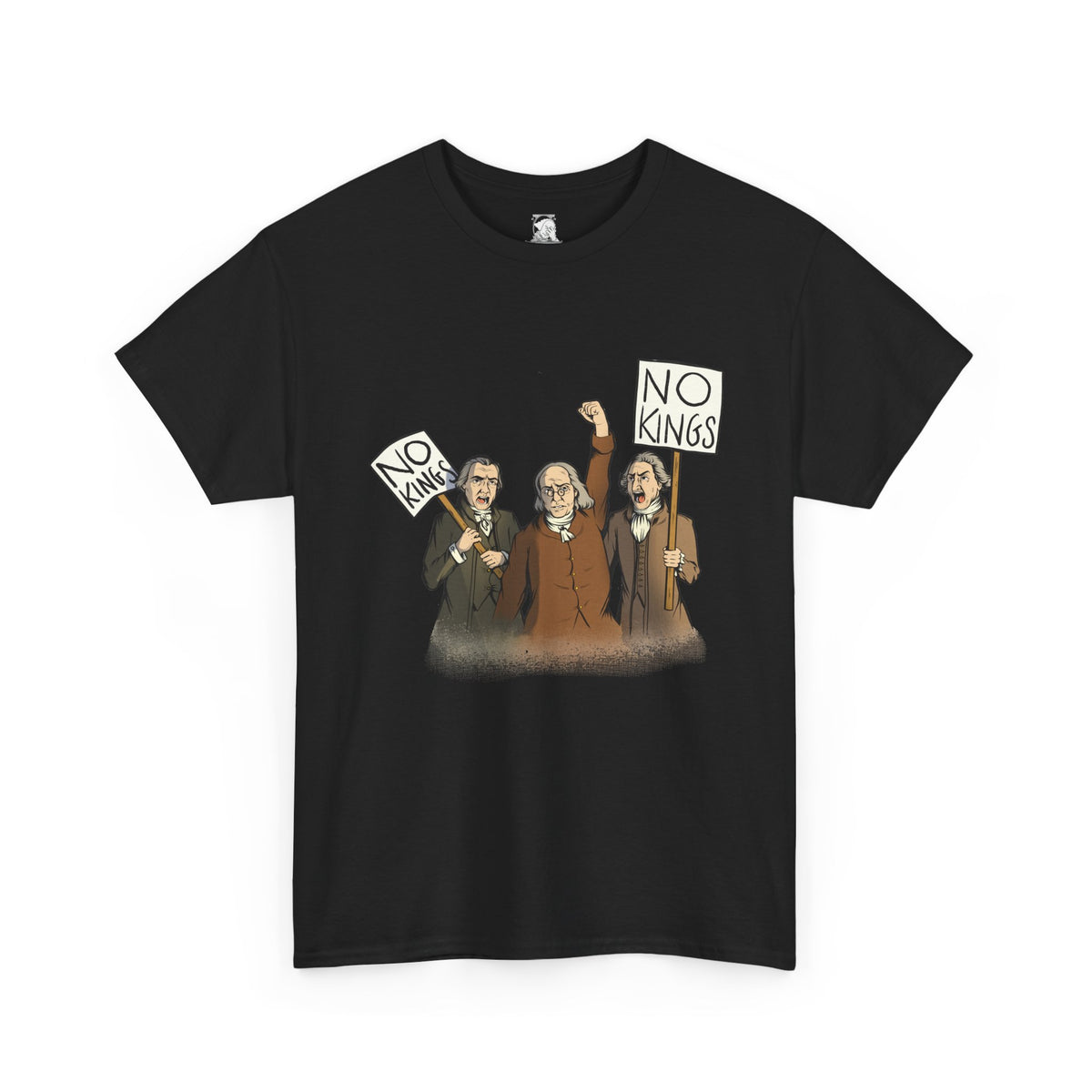 A black short-sleeve crewneck t-shirt on a white background featuring a cartoon graphic of three Disappointed American Founders. These colonial-area men are protesting and shouting, with two of the men holding signs that read NO KINGS