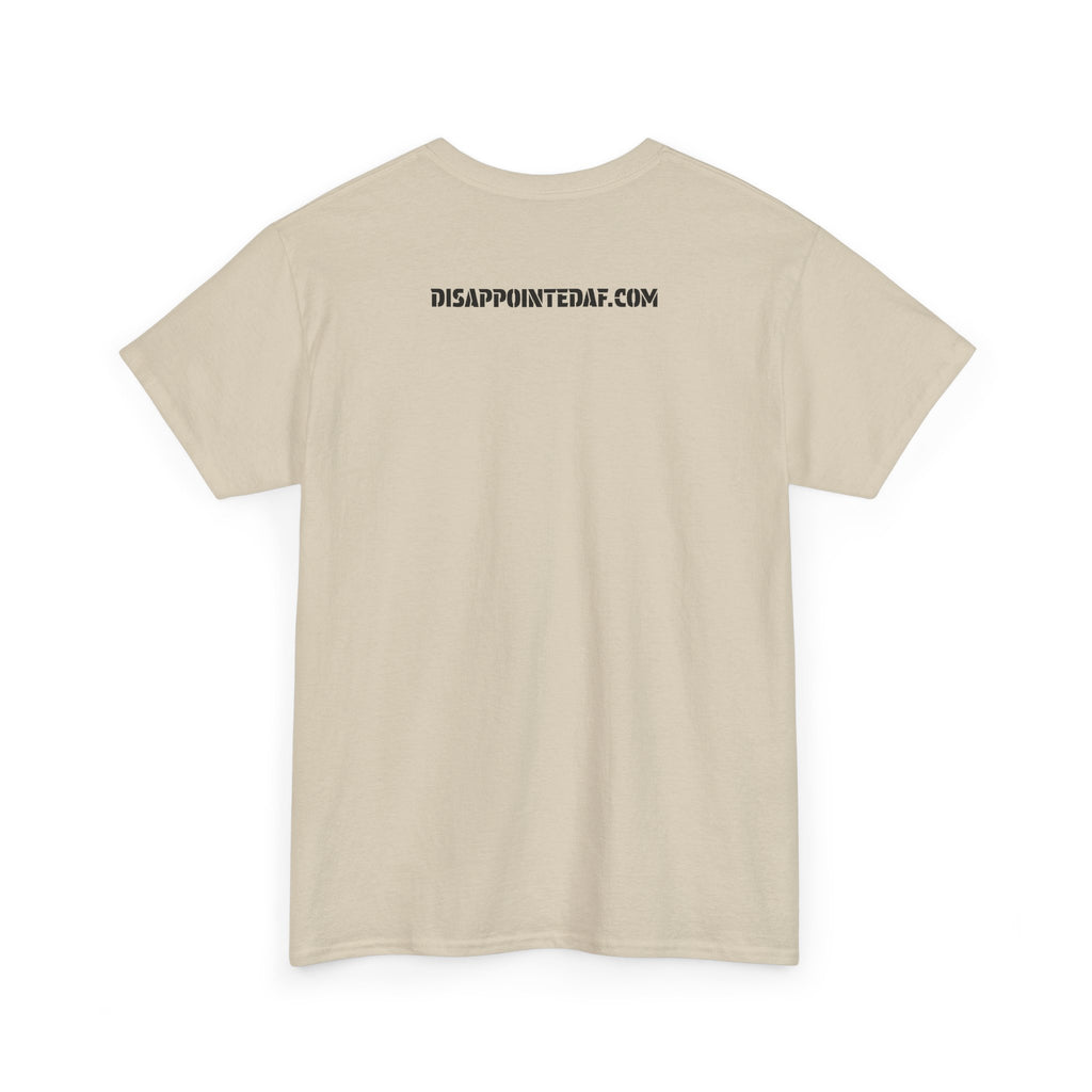 A beige t-shirt with DisappointedAF.com printed on the back against a white background