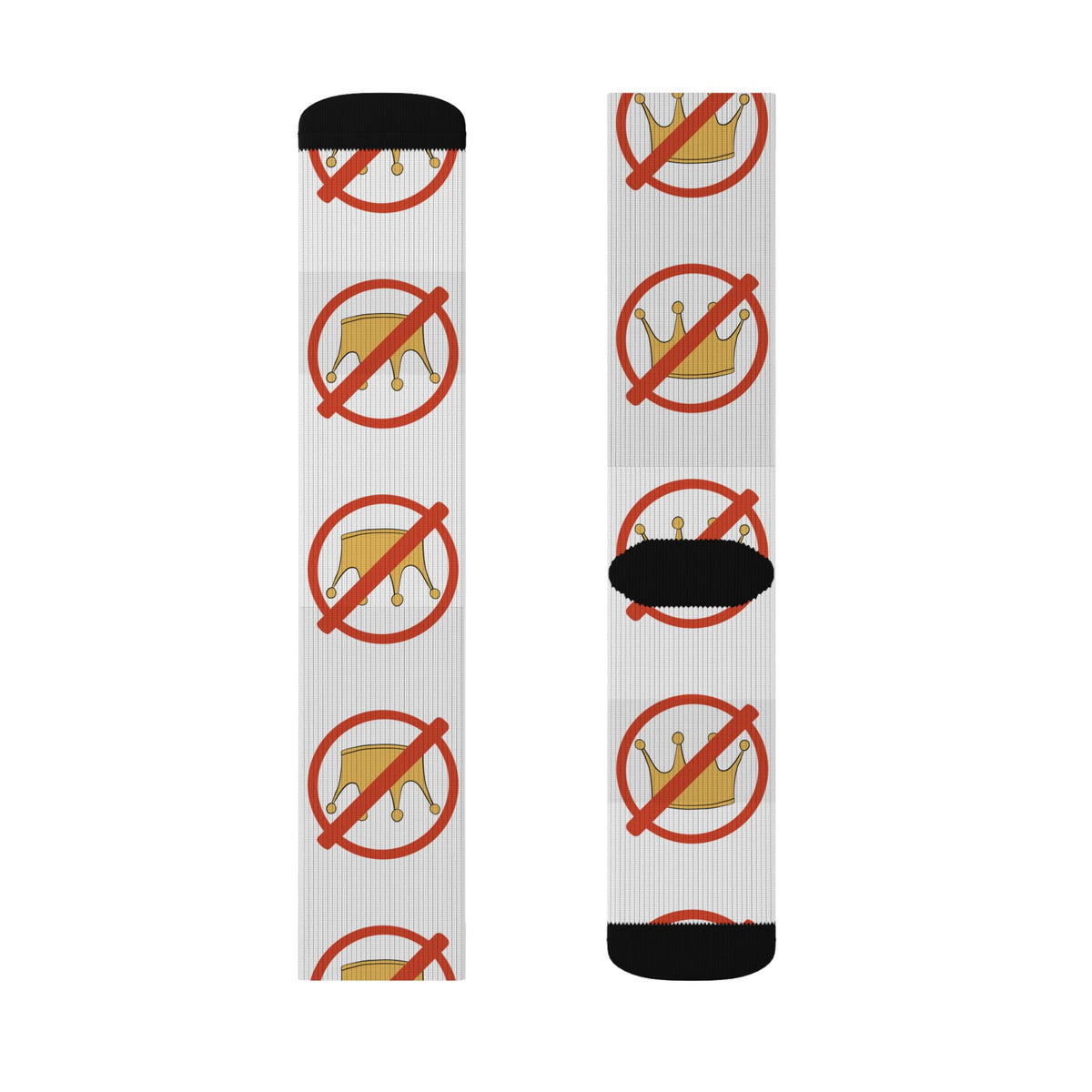 A pair of crew socks worn on legs, featuring a white ribbed base with a repeating graphic of a gold crown inside a red prohibition symbol, finished with black heels and toes.