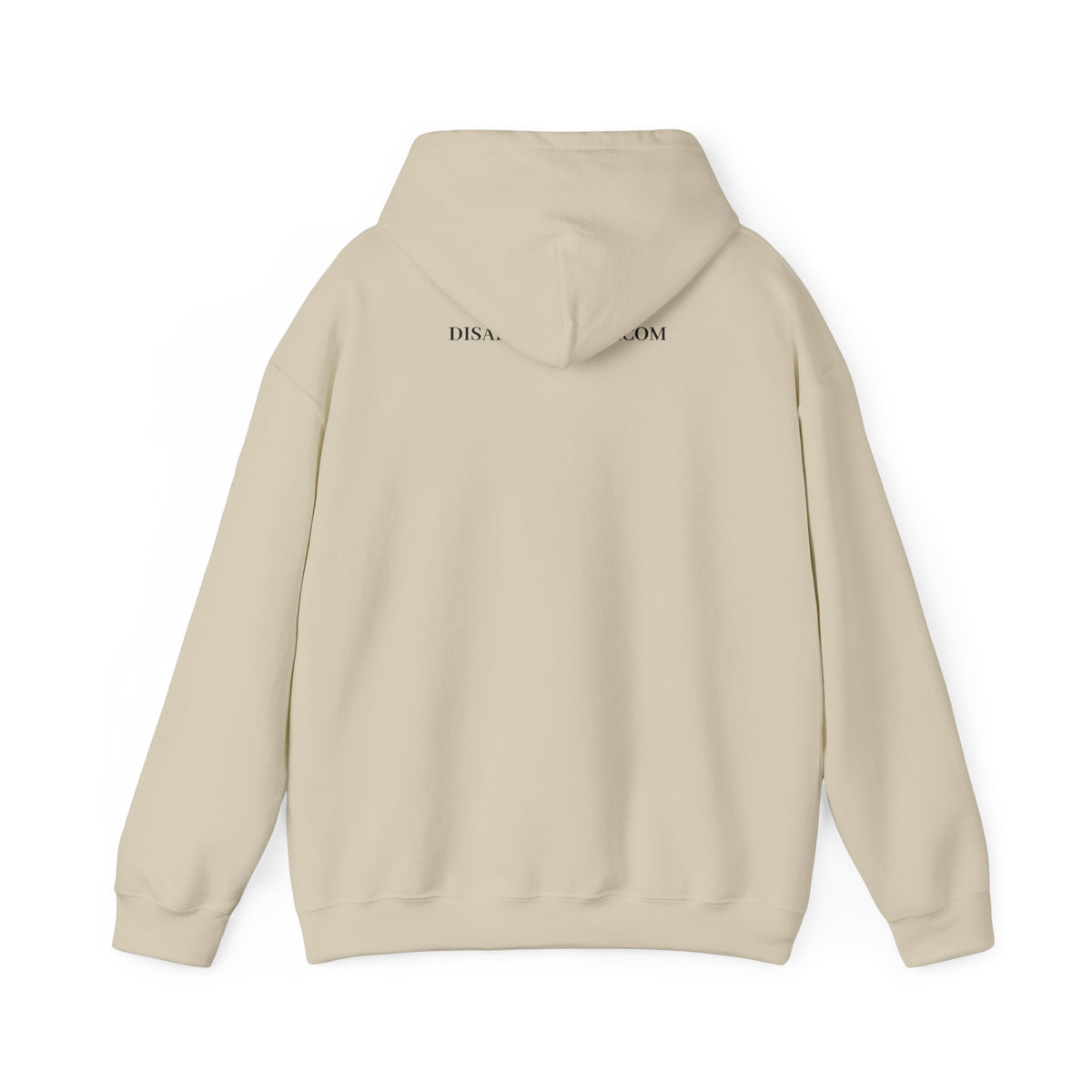 Back of a beige hoodie on a white background. Top of hoodie contains text that says DisappointedAF.com