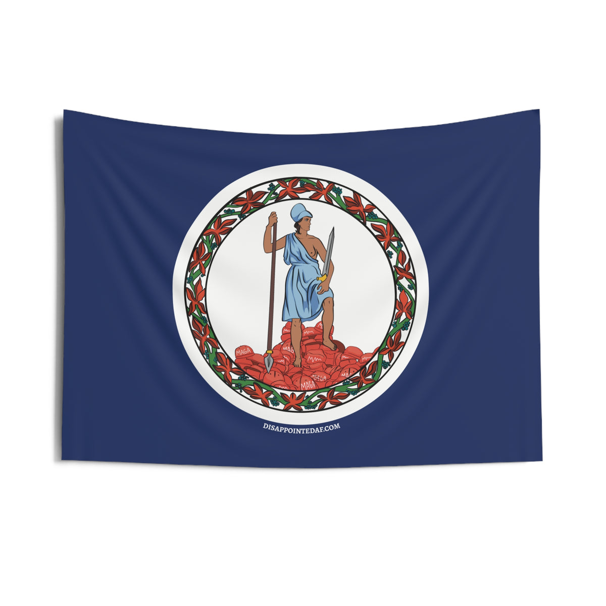 A rectangular blue flag with a parody of the Virginia state flag. On the graphic of the flag, there is a revolutionary figure in a toga standing on top of a pile of MAGA hats. The circular image has a flower border and a white background. 
