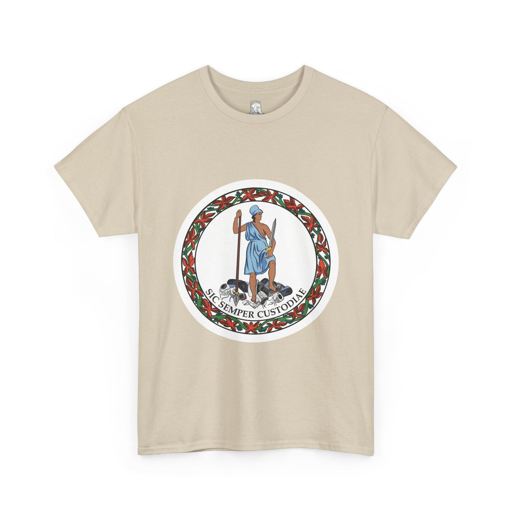 A beige short-sleeve t-shirt with a parody of the Virginia state flag. In the graphic of the flag, there is a revolutionary figure in a toga standing on top of a pile of Flock cameras. The circular image has a flower border and a white background