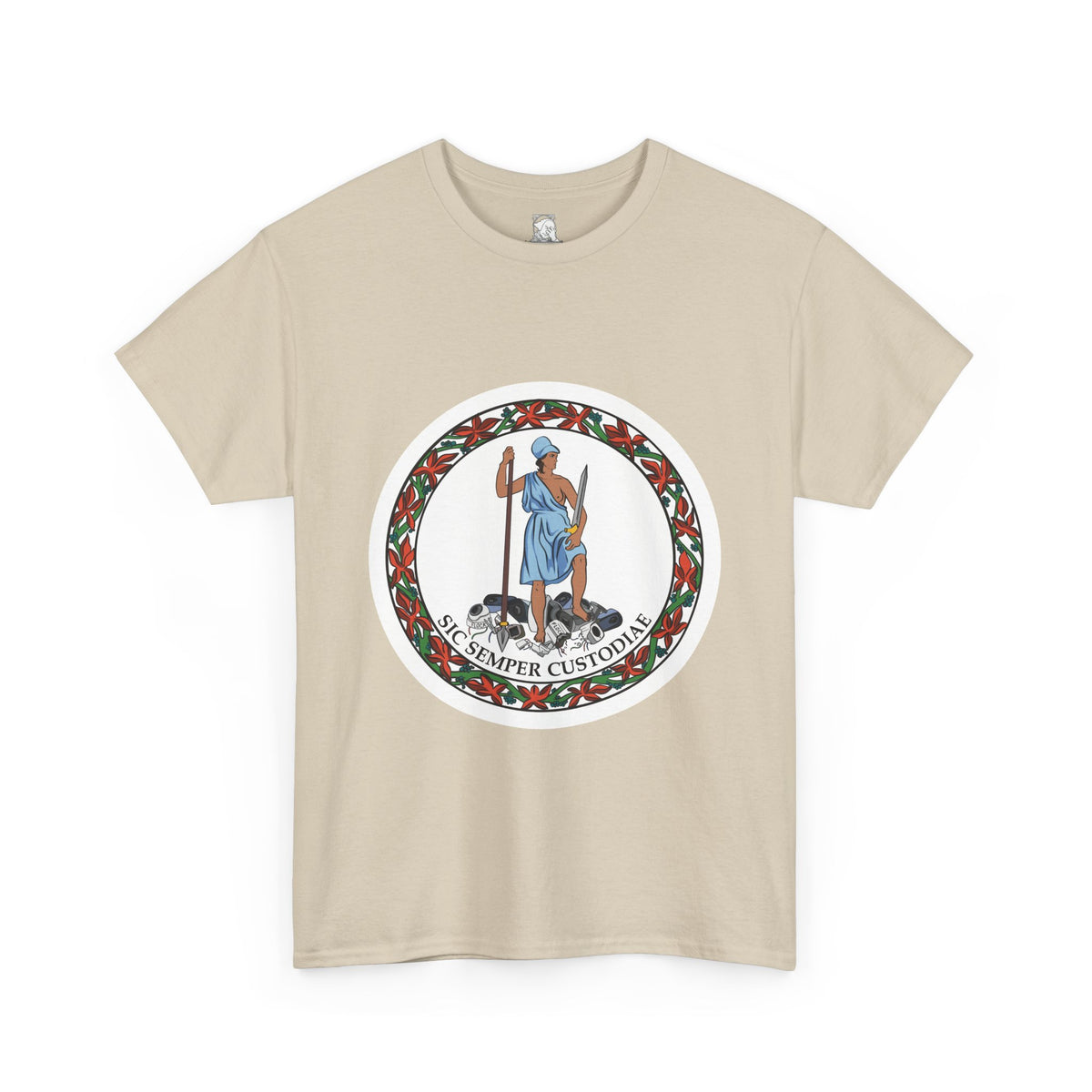A beige short-sleeve t-shirt with a parody of the Virginia state flag. In the graphic of the flag, there is a revolutionary figure in a toga standing on top of a pile of Flock cameras. The circular image has a flower border and a white background
