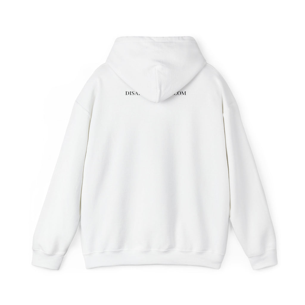 White hoodie with brand logo on the back against a white background