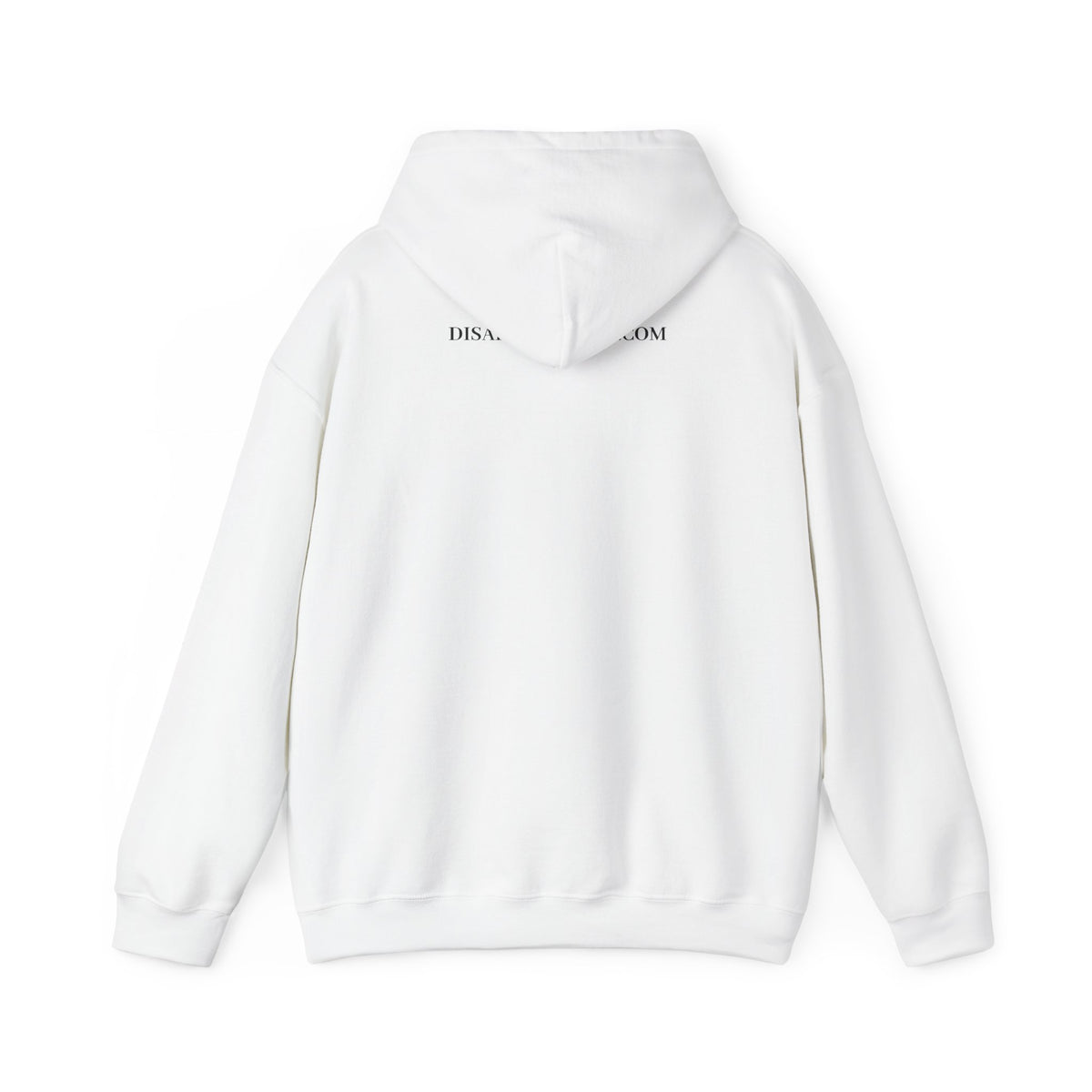 White hoodie with brand logo on the back against a white background