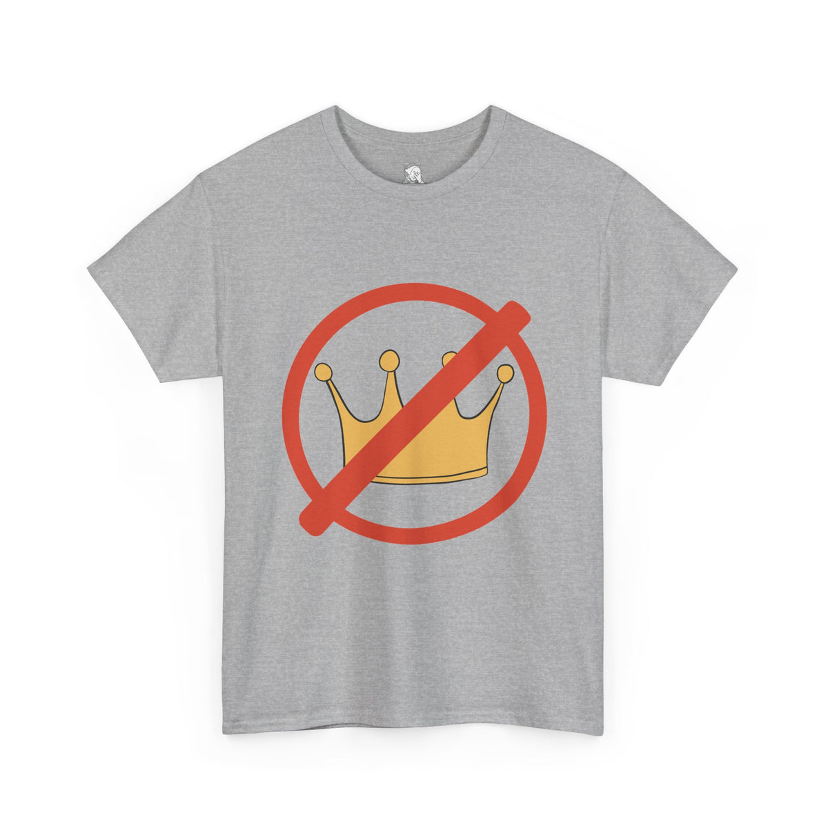 A heather gray short-sleeve crewneck t-shirt featuring a graphic of a gold crown inside a red prohibition circle and slash symbol on the chest, displayed against a solid white background.