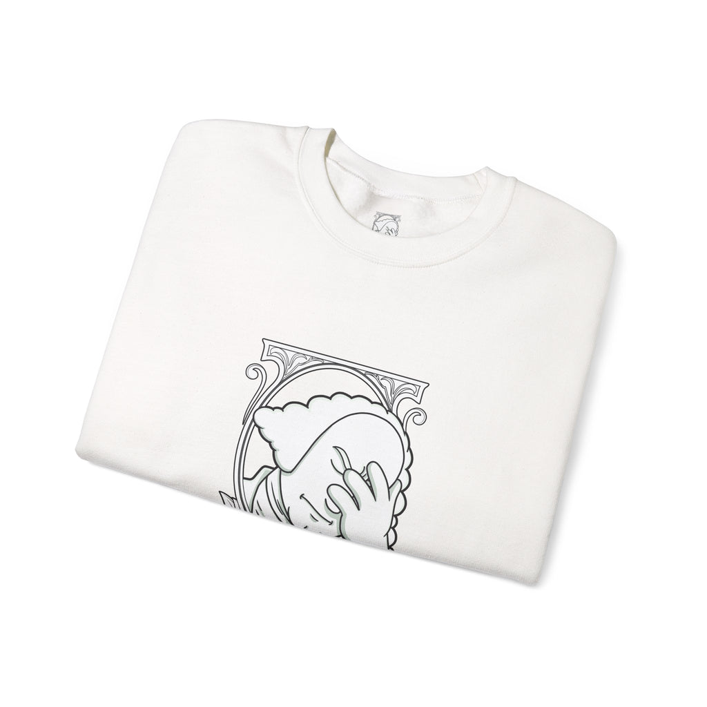 A folded white crewneck sweatshirt featuring a black line art graphic of a crying angel on the front, displayed on a clean white background.