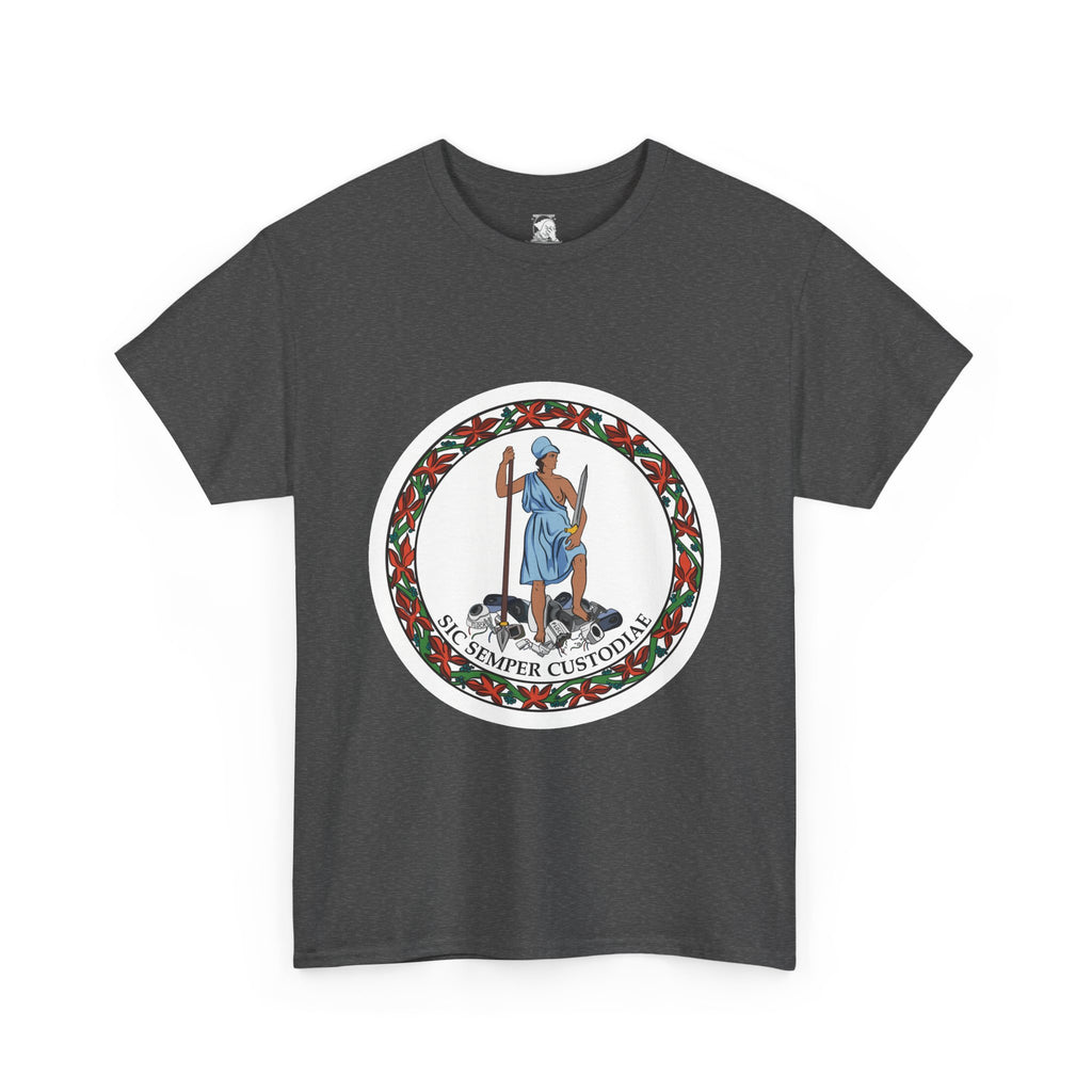 A dark heather grey short-sleeve t-shirt with a parody of the Virginia state flag. In the graphic of the flag, there is a revolutionary figure in a toga standing on top of a pile of Flock cameras. The circular image has a flower border and a white background