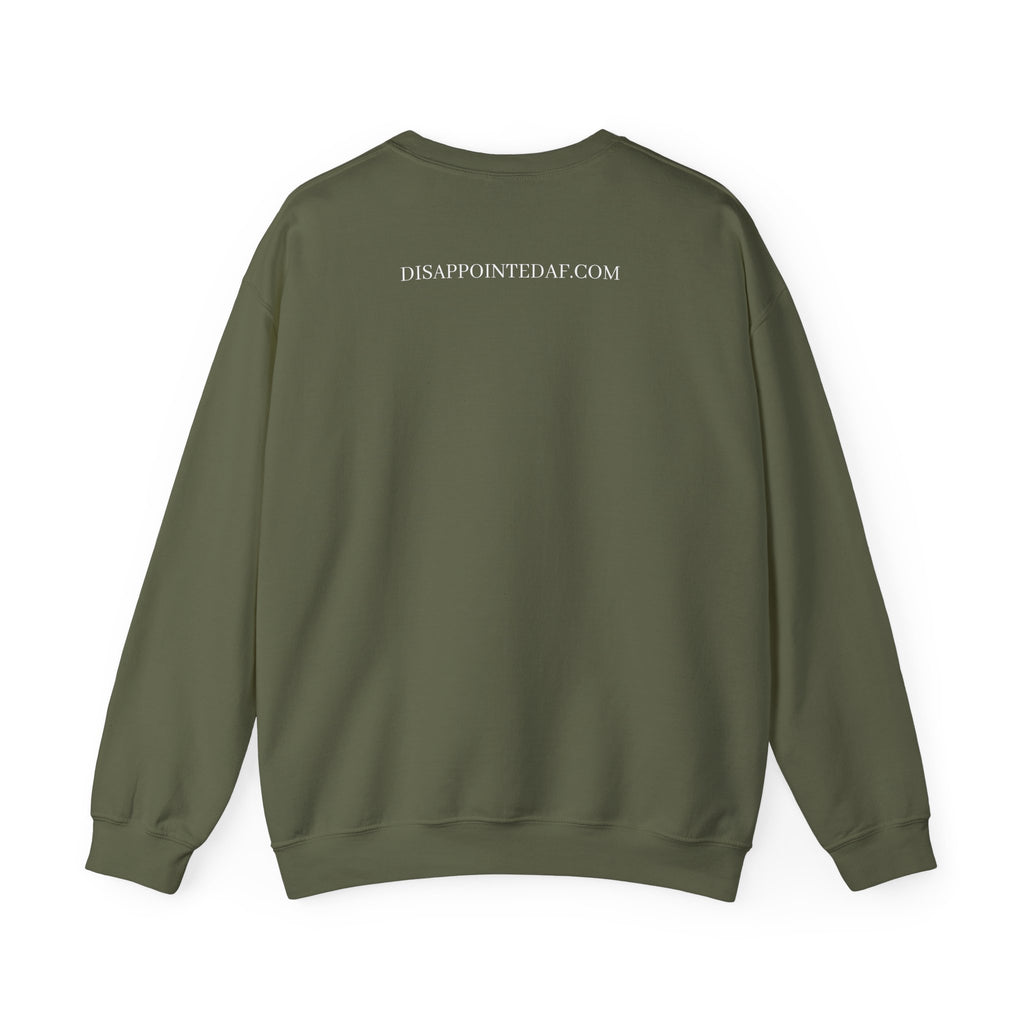 An olive green, long-sleeved sweatshirt on a white background. The top of the sweatshirt displays text that says DisappointedAF.com