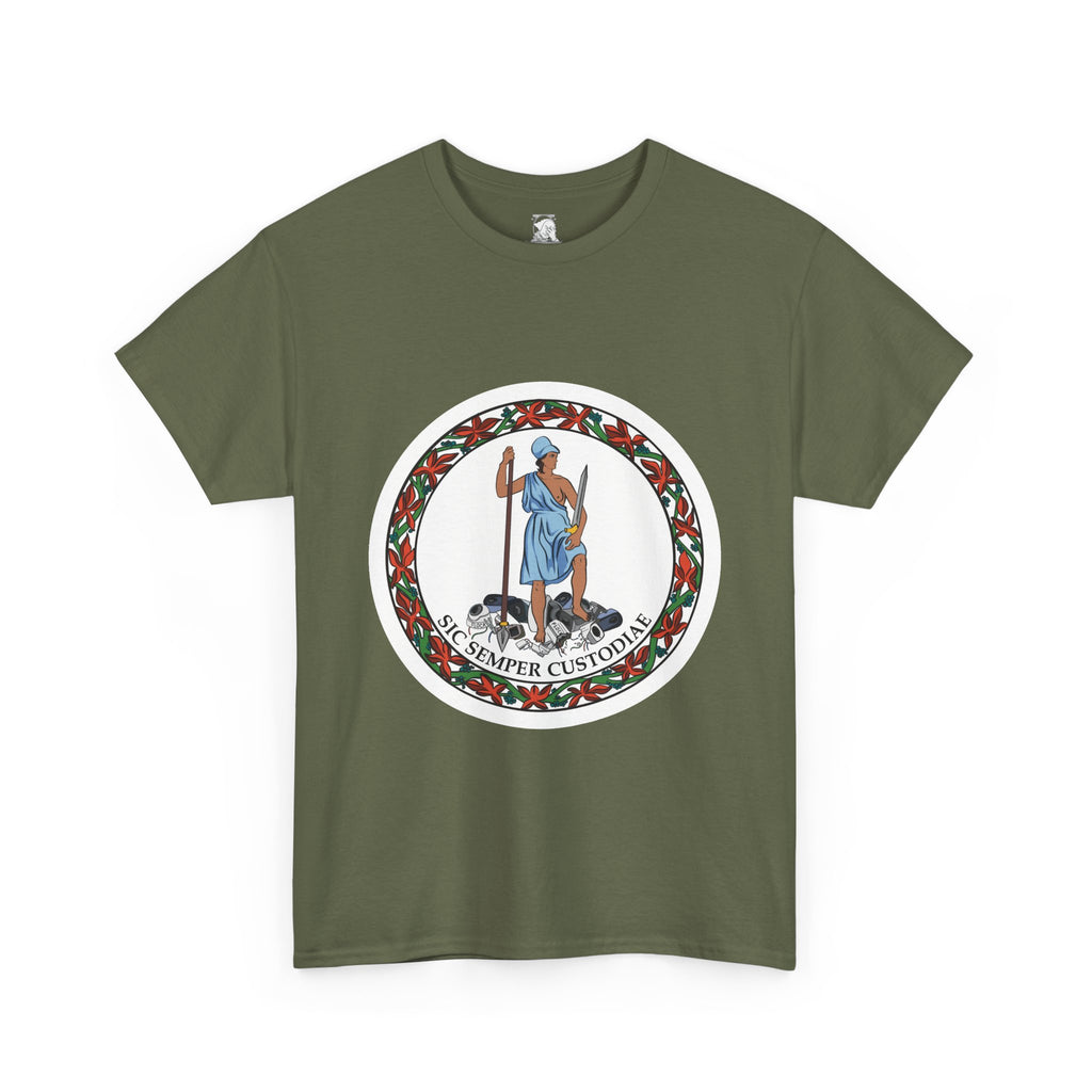 An olive green short-sleeve t-shirt with a parody of the Virginia state flag. In the graphic of the flag, there is a revolutionary figure in a toga standing on top of a pile of Flock cameras. The circular image has a flower border and a white background