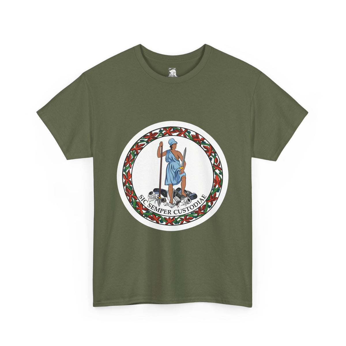 An olive green short-sleeve t-shirt with a parody of the Virginia state flag. In the graphic of the flag, there is a revolutionary figure in a toga standing on top of a pile of Flock cameras. The circular image has a flower border and a white background