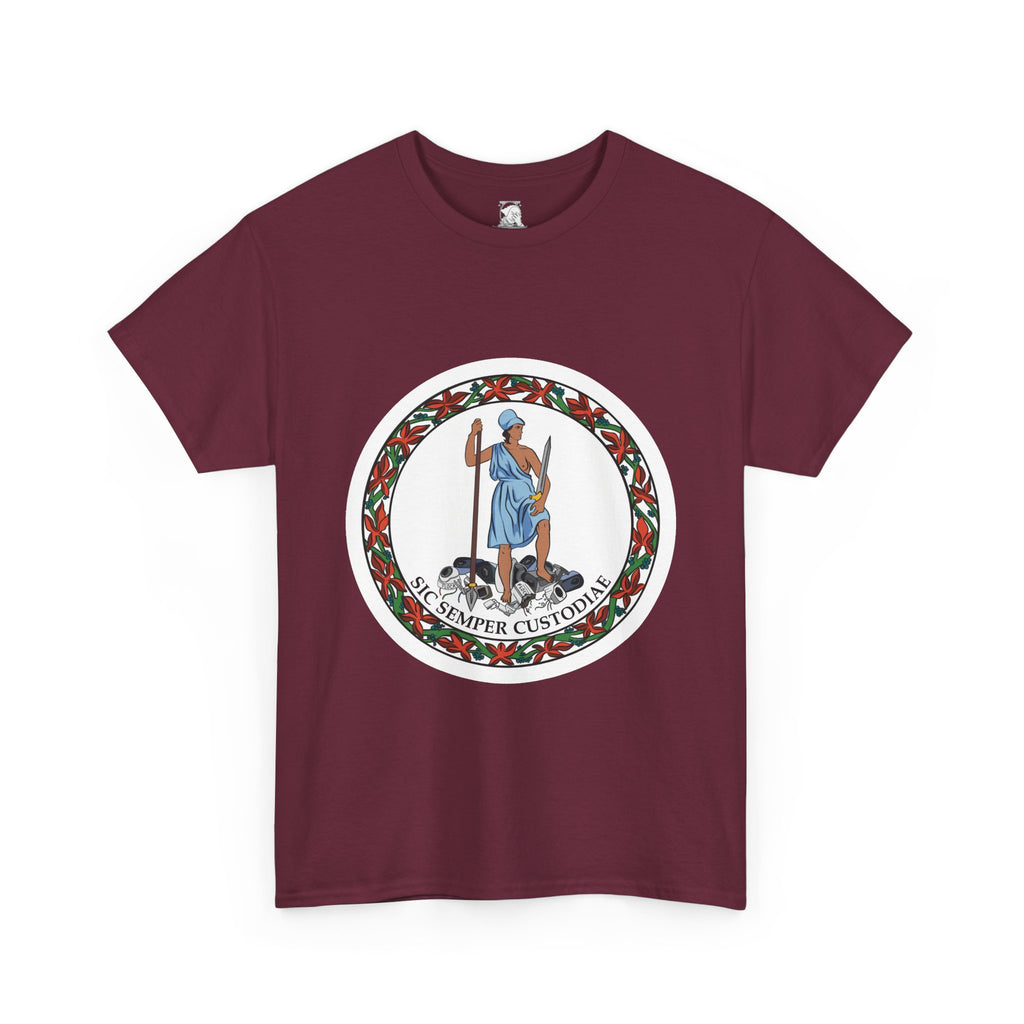 A maroon short-sleeve t-shirt with a parody of the Virginia state flag. In the graphic of the flag, there is a revolutionary figure in a toga standing on top of a pile of Flock cameras. The circular image has a flower border and a white background