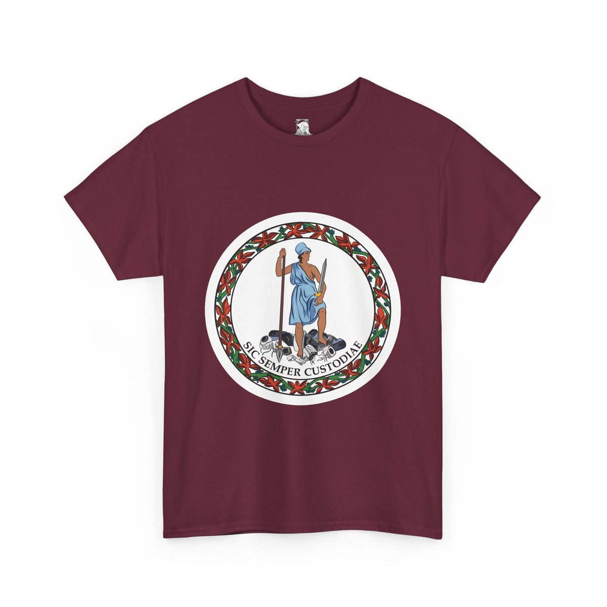 A maroon short-sleeve t-shirt with a parody of the Virginia state flag. In the graphic of the flag, there is a revolutionary figure in a toga standing on top of a pile of Flock cameras. The circular image has a flower border and a white background