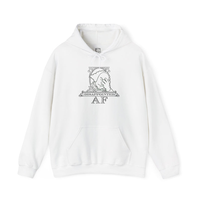 White hoodie on a white background with a black graphic and text in the center of the hoodie. The logo is framed with scrolls, similar to that of a dollar bill, with George Washington in the center. George Washington looks disappointed and has his head in his hand. below the logo it says Disappointed AF