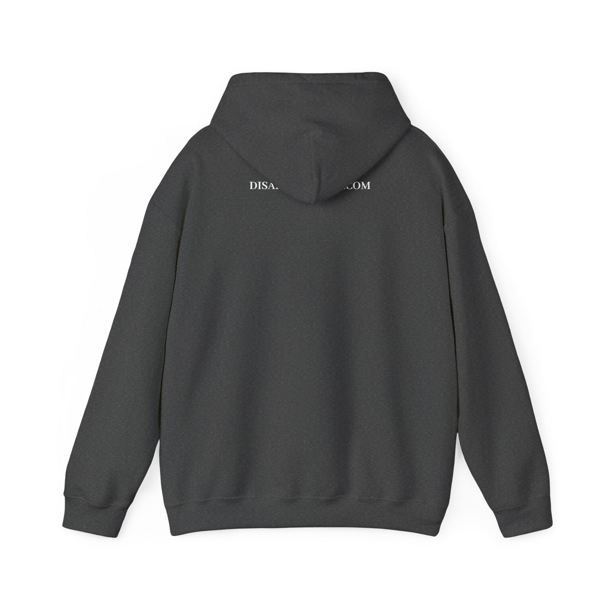 Dark grey hoodie shown from the back on a white background. The top of the hoodie contains text that says DisappointedAF.com