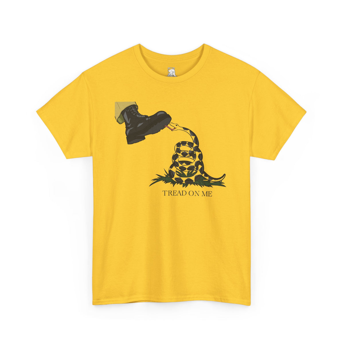 A yellow short-sleeve crewneck t-shirt featuring a graphical parody of the classic "Don't Tread on Me" cartoon. In this rendition, a boot enters the frame in the upper left hand corner, its sole exposed to the viewer. Beneath the boot is a snake, coiled up and licking the bottom of the boot. The graphic is captioned by the words 'TREAD ON ME' underneath, displayed on a clean white background.