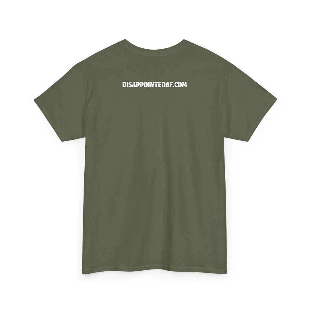 An olive green t-shirt with DisappointedAF.com printed on the back against a white background