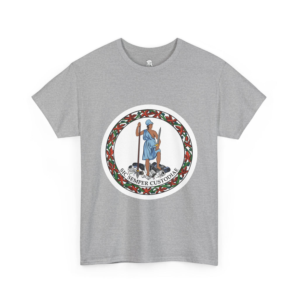 A heather grey short-sleeve t-shirt with a parody of the Virginia state flag. In the graphic of the flag, there is a revolutionary figure in a toga standing on top of a pile of Flock cameras. The circular image has a flower border and a white background