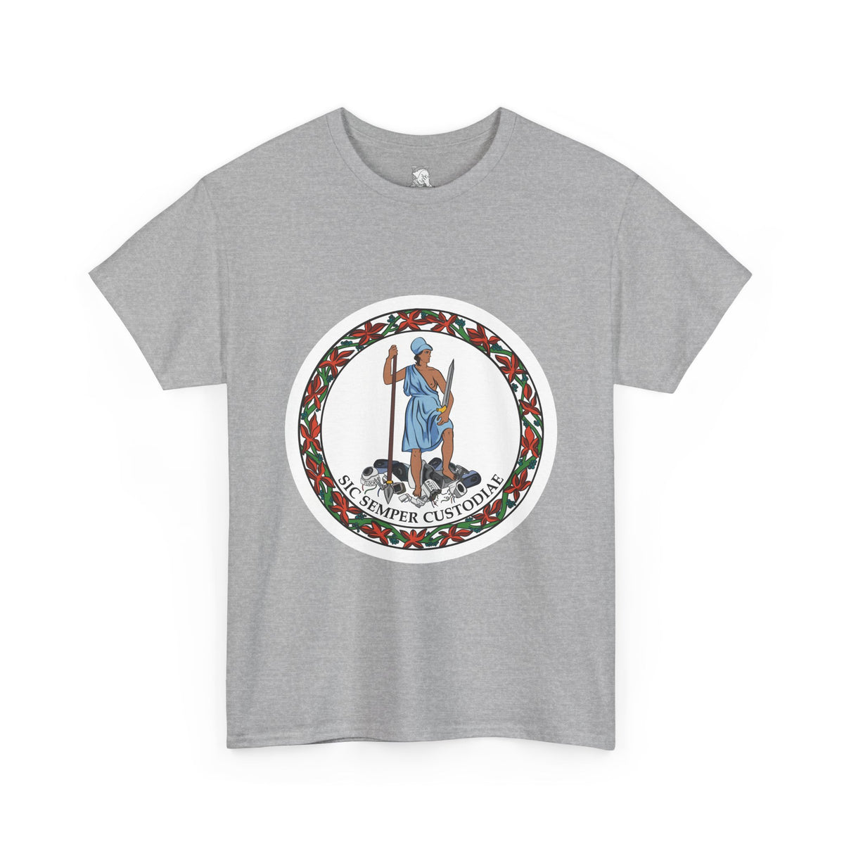 A heather grey short-sleeve t-shirt with a parody of the Virginia state flag. In the graphic of the flag, there is a revolutionary figure in a toga standing on top of a pile of Flock cameras. The circular image has a flower border and a white background