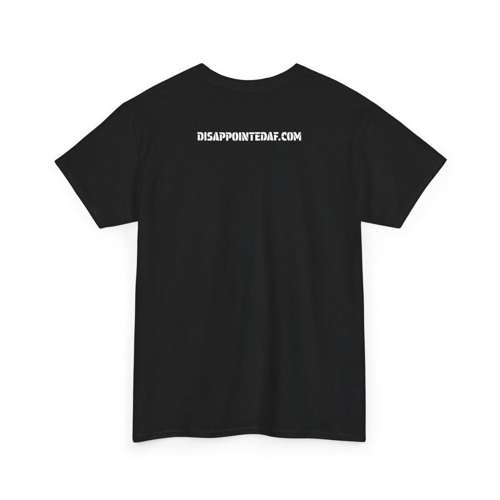 Black t-shirt with DisappointedAF.com printed on the back against a white background