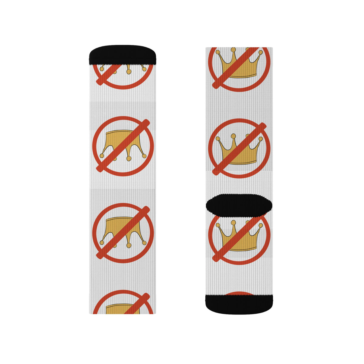 A pair of crew socks worn on legs, featuring a white ribbed base with a repeating graphic of a gold crown inside a red prohibition symbol, finished with black heels and toes.