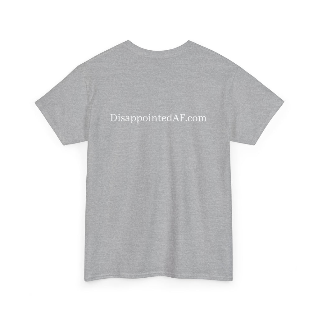 A grey t-shirt with the website DisappointedAF.com written at the top of the shirt. The shirt sits on a white background