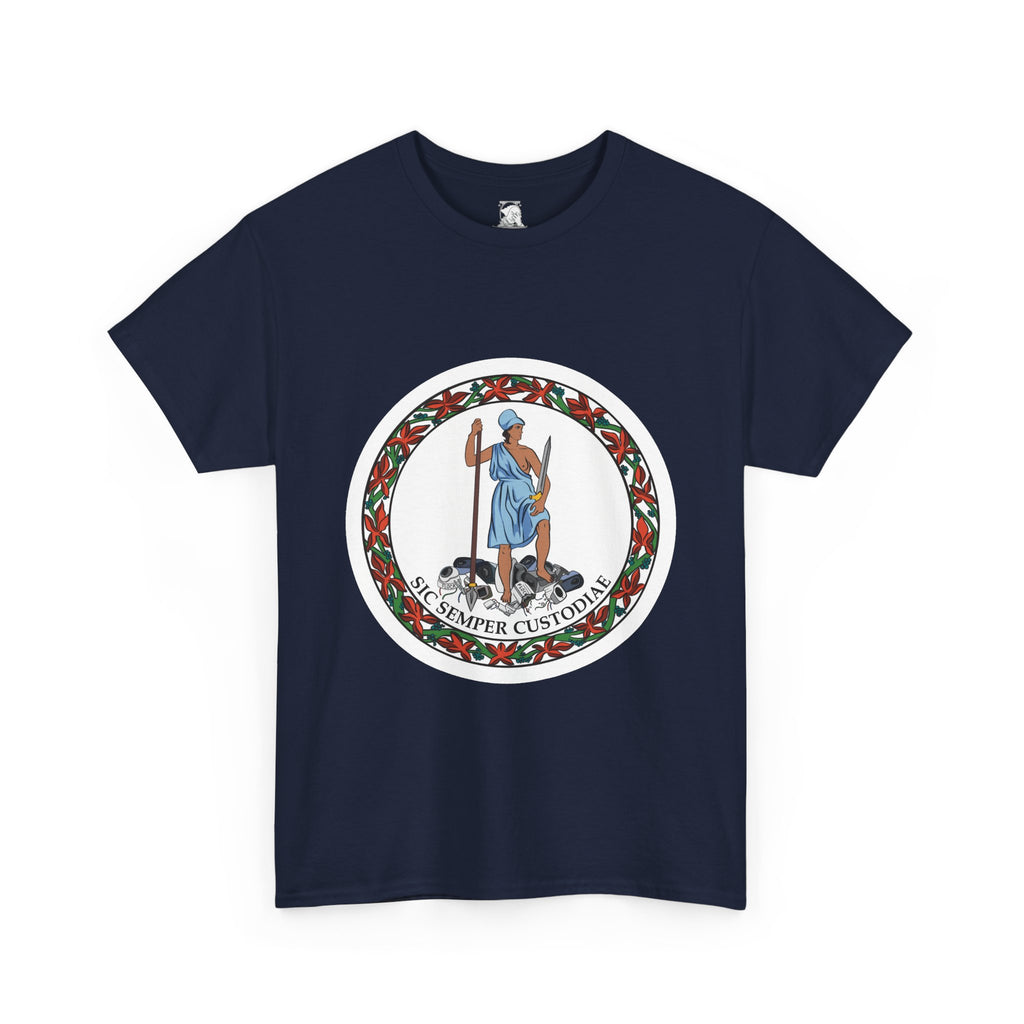 A navy blue short-sleeve t-shirt with a parody of the Virginia state flag. In the graphic of the flag, there is a revolutionary figure in a toga standing on top of a pile of Flock cameras. The circular image has a flower border and a white background