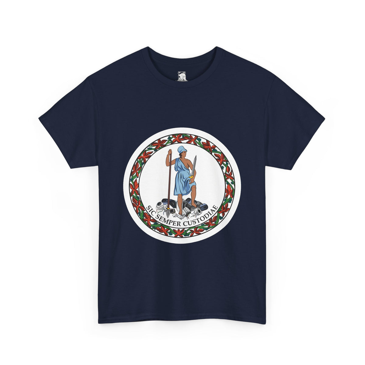 A navy blue short-sleeve t-shirt with a parody of the Virginia state flag. In the graphic of the flag, there is a revolutionary figure in a toga standing on top of a pile of Flock cameras. The circular image has a flower border and a white background