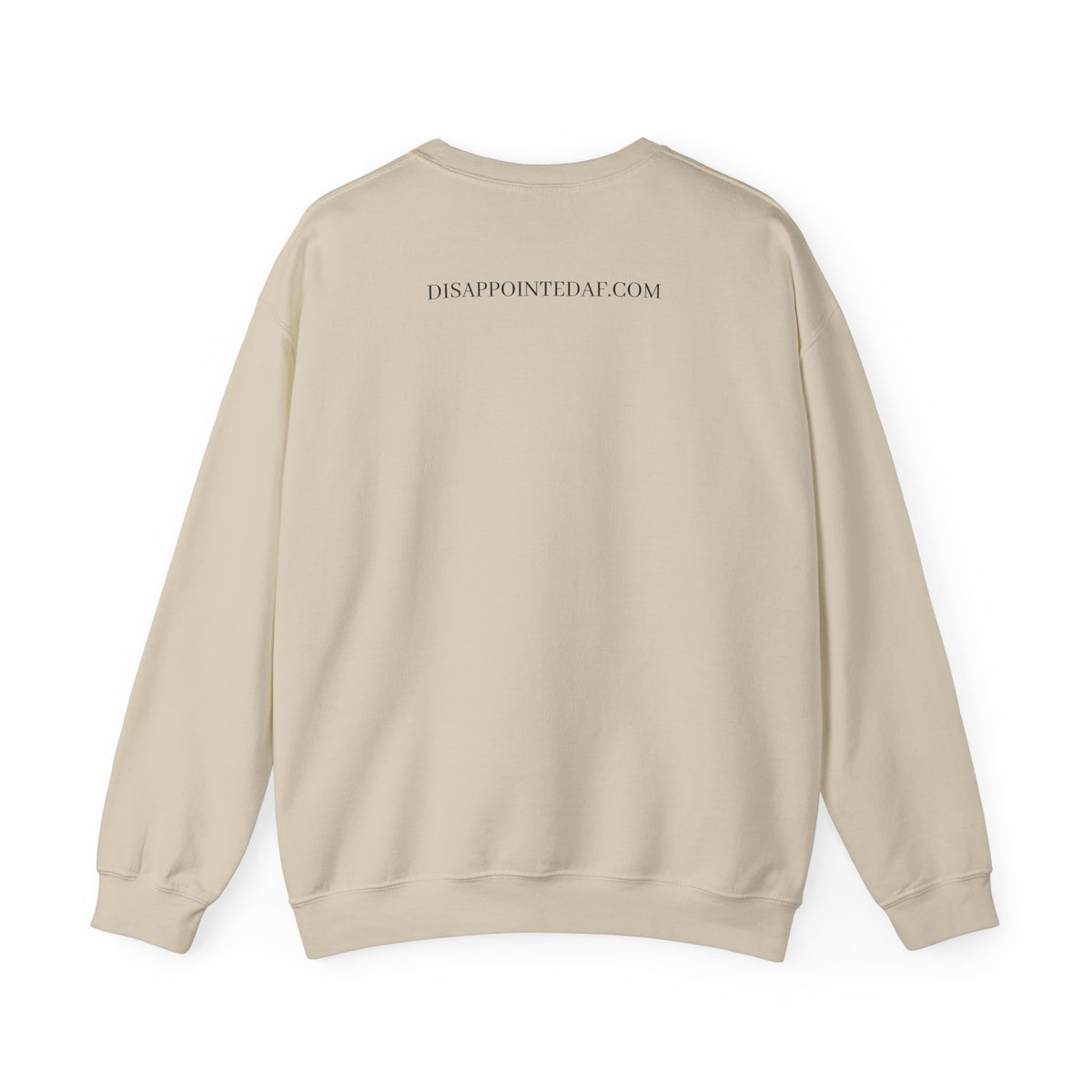 A beige, long-sleeved sweatshirt on a white background. The top of the sweatshirt displays text that says DisappointedAF.com