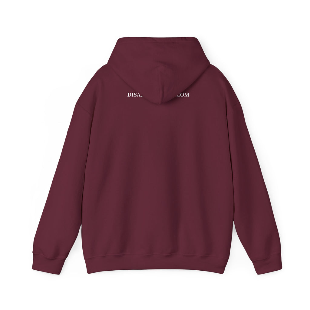 Maroon hoodie with a small logo on the back against a white background. Top of hoodie contains text that says DisappointedAF.com