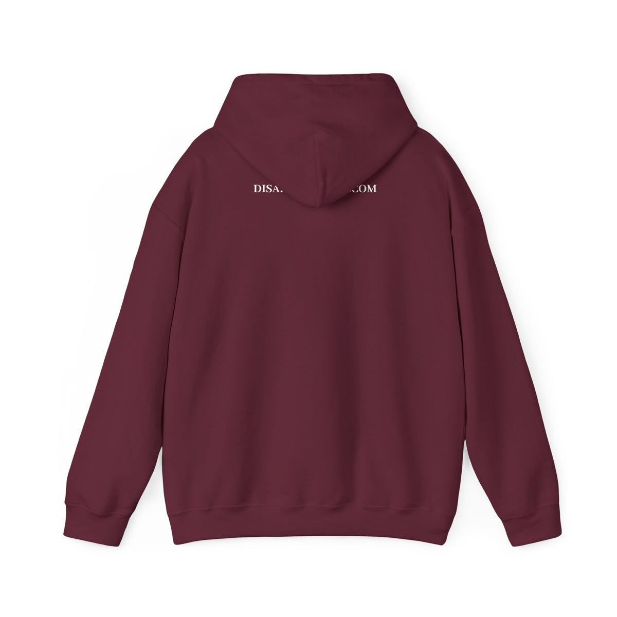 Maroon hoodie with a small logo on the back against a white background. Top of hoodie contains text that says DisappointedAF.com