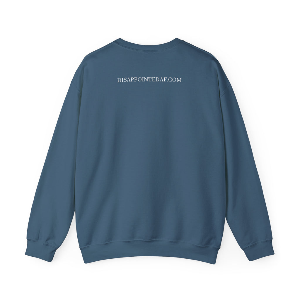 A sky blue, long-sleeved sweatshirt on a white background. The top of the sweatshirt displays text that says DisappointedAF.com