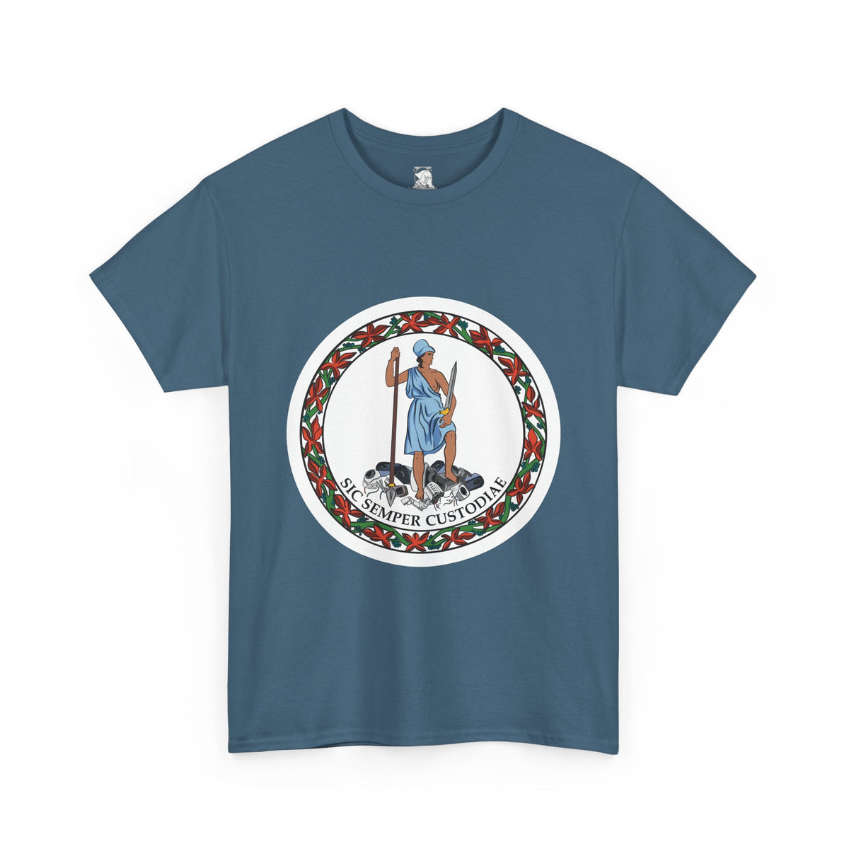 A slate blue short-sleeve t-shirt with a parody of the Virginia state flag. In the graphic of the flag, there is a revolutionary figure in a toga standing on top of a pile of Flock cameras. The circular image has a flower border and a white background