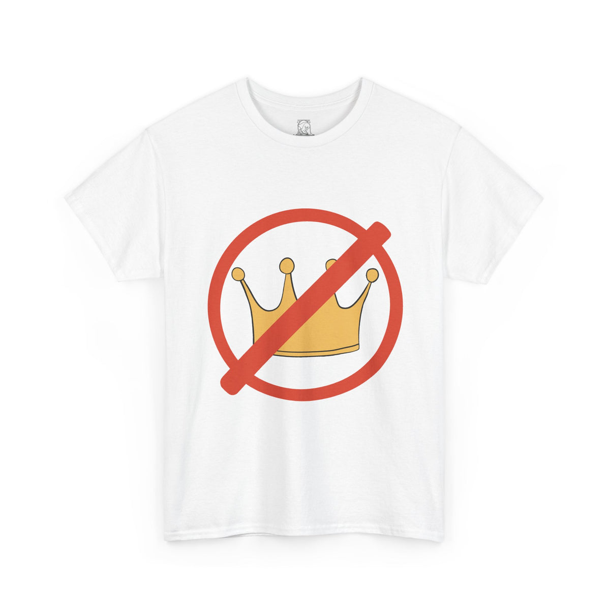 A white short-sleeve crewneck t-shirt featuring a graphic print of a gold crown crossed out by a red prohibition symbol on the chest, displayed against a solid white background.